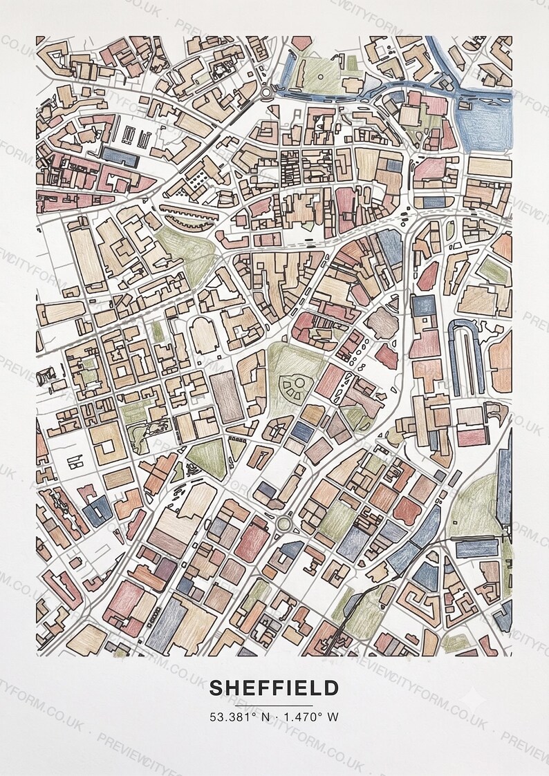 Sheffield colour-in map coloured by hand, Coloured pencil example — the map prints blank for you to colour
