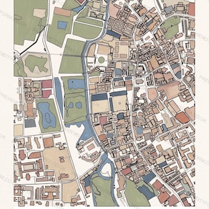 Cambridge_kingscollege colour-in map coloured by hand, Gouache example — the map prints blank for you to colour