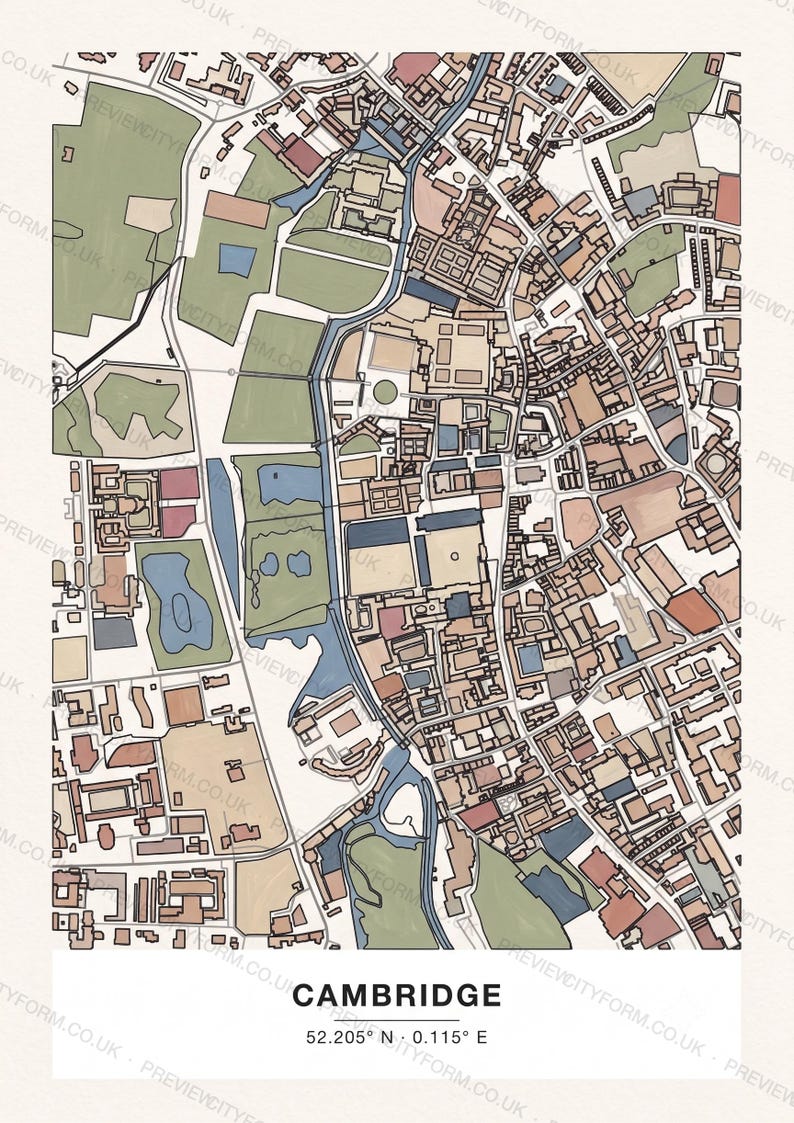 Cambridge_kingscollege colour-in map coloured by hand, Gouache example — the map prints blank for you to colour