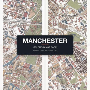 Manchester Colour-In Map Pack — 4 real Manchester areas, Deansgate, Piccadilly, Town Hall, Oxford Road, shown together