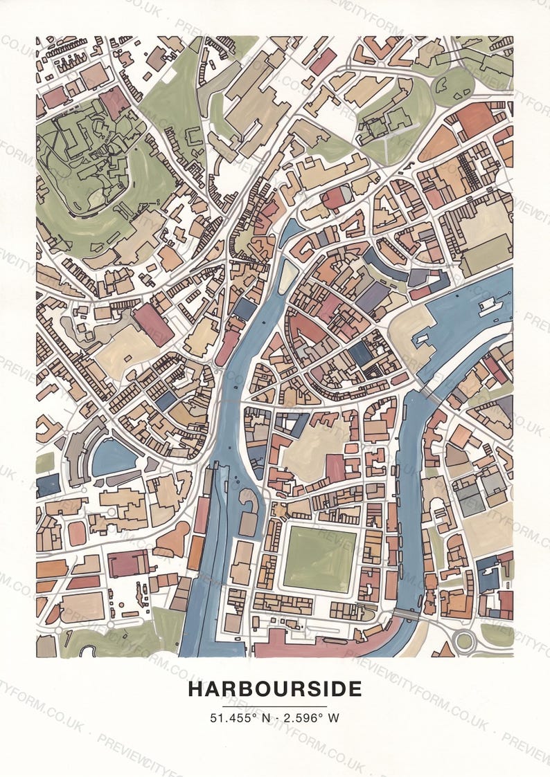 Harbourside colour-in map — the real streets and building outlines of Harbourside, Bristol, ready to colour