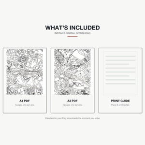What's included — an A4 PDF and an A3 PDF, 4 areas of Manchester each, plus a print guide, instant download