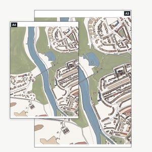 The Bristol colour-in map pack shown at A4 and A3 — the same 3 real areas, printable at either size