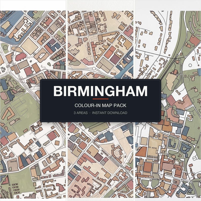Birmingham Colour-In Map Pack — 3 real Birmingham areas, Victoria Square, Centenary Square, Edgbaston, shown together