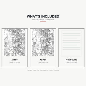 What's included — an A4 PDF and an A3 PDF of the Cambridge_kingscollege map, plus a print guide, instant download