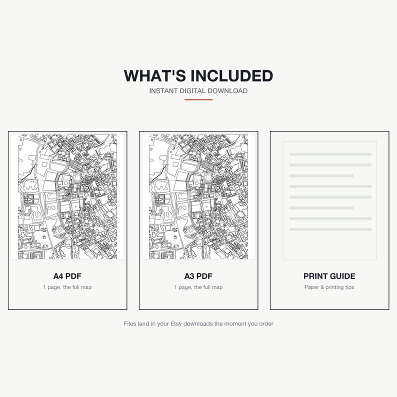 What's included — an A4 PDF and an A3 PDF of the Cambridge_kingscollege map, plus a print guide, instant download