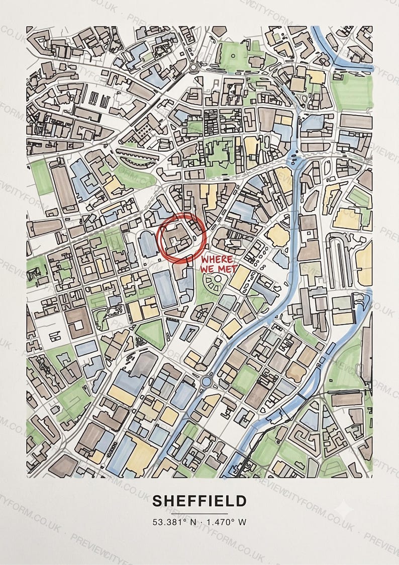 Sheffield colour-in map coloured by hand, Marker example — the map prints blank for you to colour