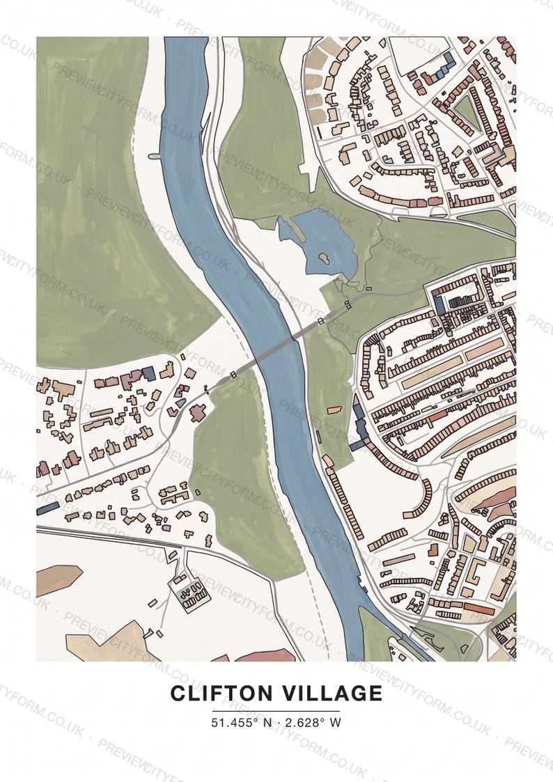 Clifton Village colour-in map — the real streets and building outlines of Clifton Village, Bristol, ready to colour