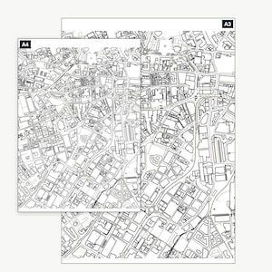 The Sheffield colour-in map shown at A4 and A3 — the same real map, printable at either size