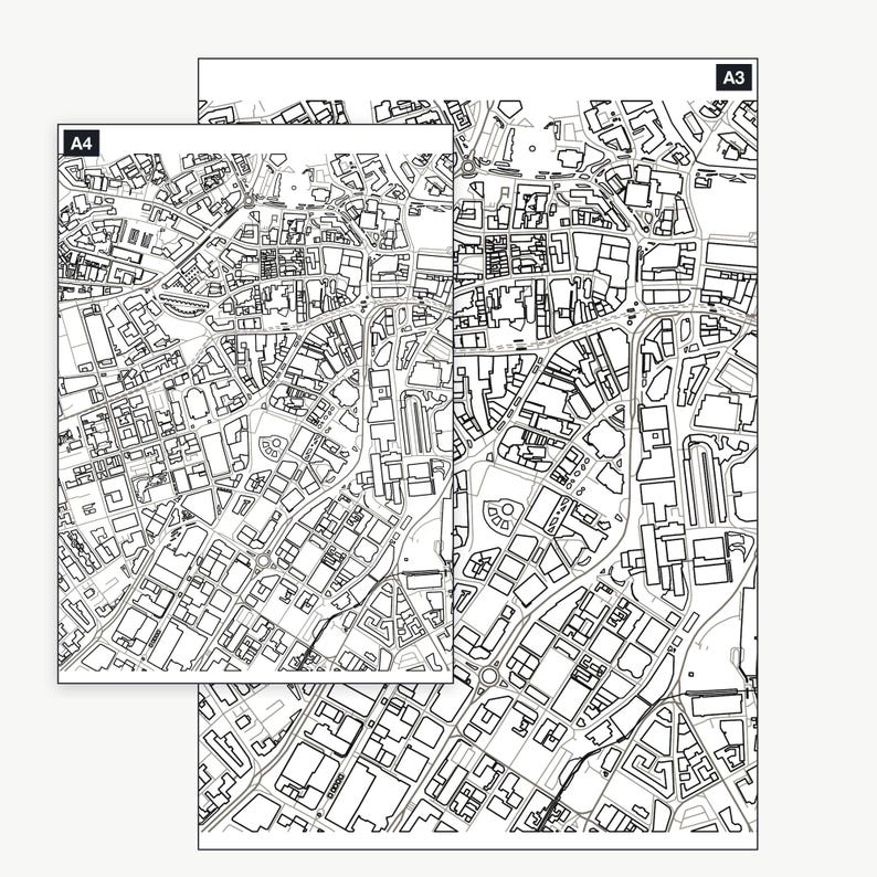 The Sheffield colour-in map shown at A4 and A3 — the same real map, printable at either size
