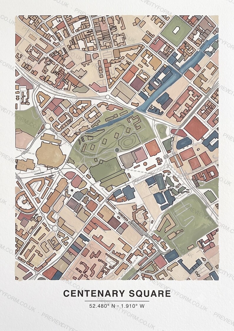 Centenary Square colour-in map — the real streets and building outlines of Centenary Square, Birmingham, ready to colour