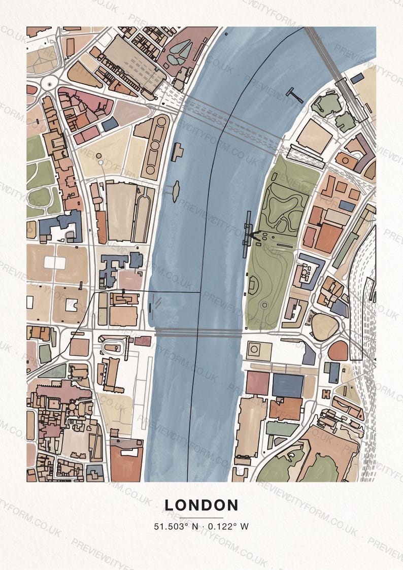 London colour-in map coloured by hand, Gouache example — the map prints blank for you to colour