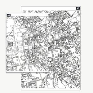 The Cambridge_kingscollege colour-in map shown at A4 and A3 — the same real map, printable at either size