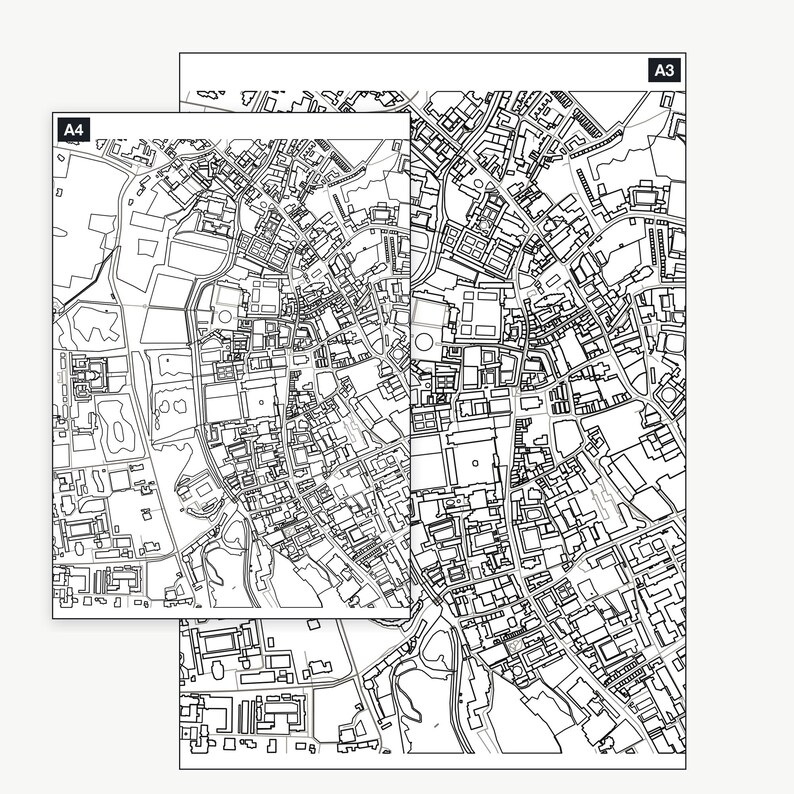 The Cambridge_kingscollege colour-in map shown at A4 and A3 — the same real map, printable at either size