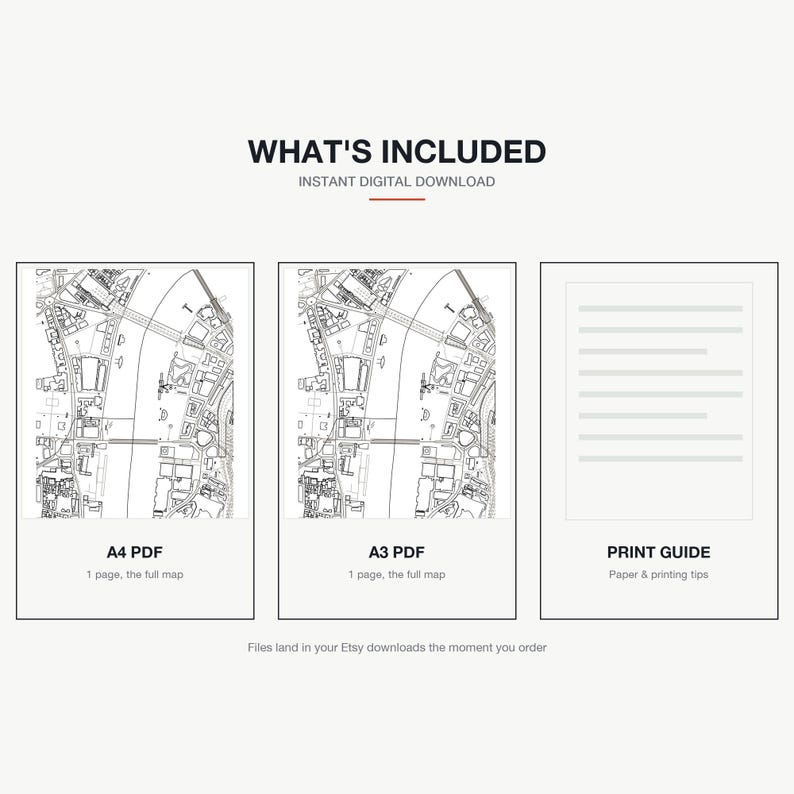 What's included — an A4 PDF and an A3 PDF of the London map, plus a print guide, instant download