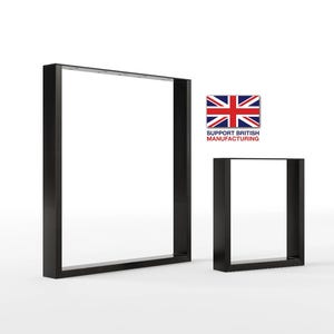 May include: Two black metal table legs, one large and one small, are shown against a white background. The larger leg is approximately 76 cm tall and 46 cm wide. The smaller leg is approximately 46 cm tall and 30 cm wide. The legs are made of sturdy metal and have a black powder-coated finish.