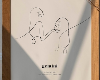 Gemini Zodiac Print Art Digital Download Poster & Birthday Card Sizes