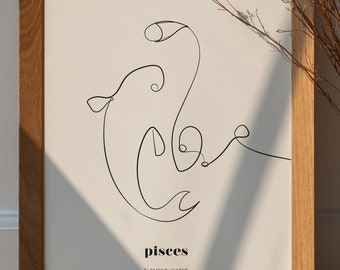 Póster y tarjeta de cumpleaños con diseño del signo zodiacal Piscis (descarga digital)