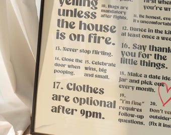Couples House Rules Wall Art, Funny Relationship Rules Print, Modern Typography Poster, Love Quote Home Decor, Anniversary Gift