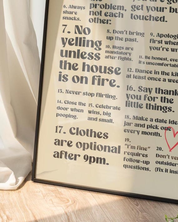 Couples House Rules Wall Art, Funny Relationship Rules Print, Modern Typography Poster, Love Quote Home Decor, Anniversary Gift