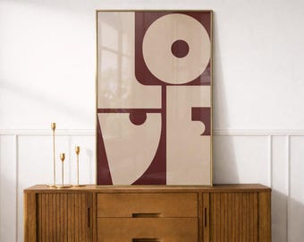 Abstract Wall Art Print, Modern Geometric Art, Burgundy and Beige Abstract Poster, Mid Century Modern Home Decor