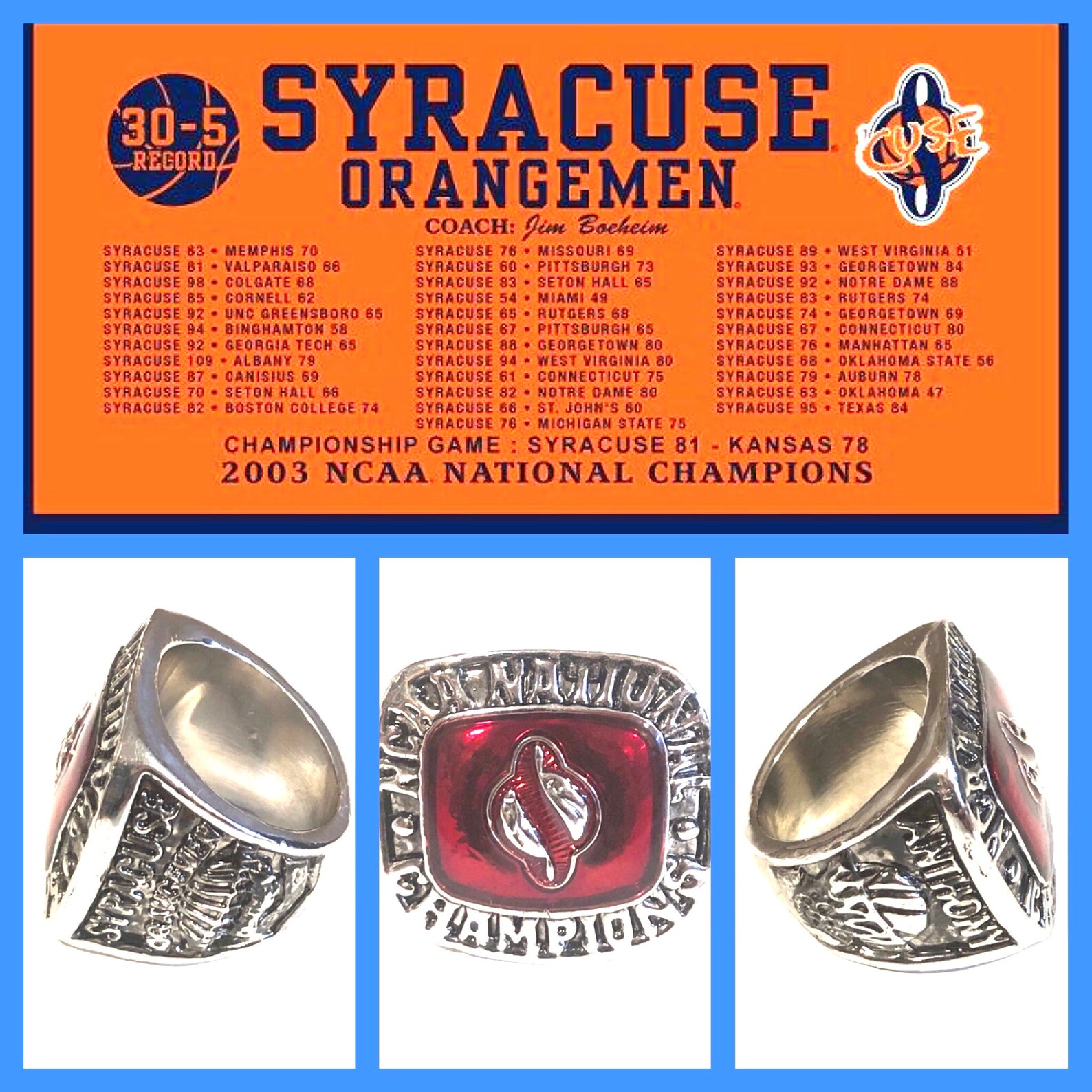 Syracuse Orangemen Carmelo Anthony 2003 Championship Ring Size Etsy