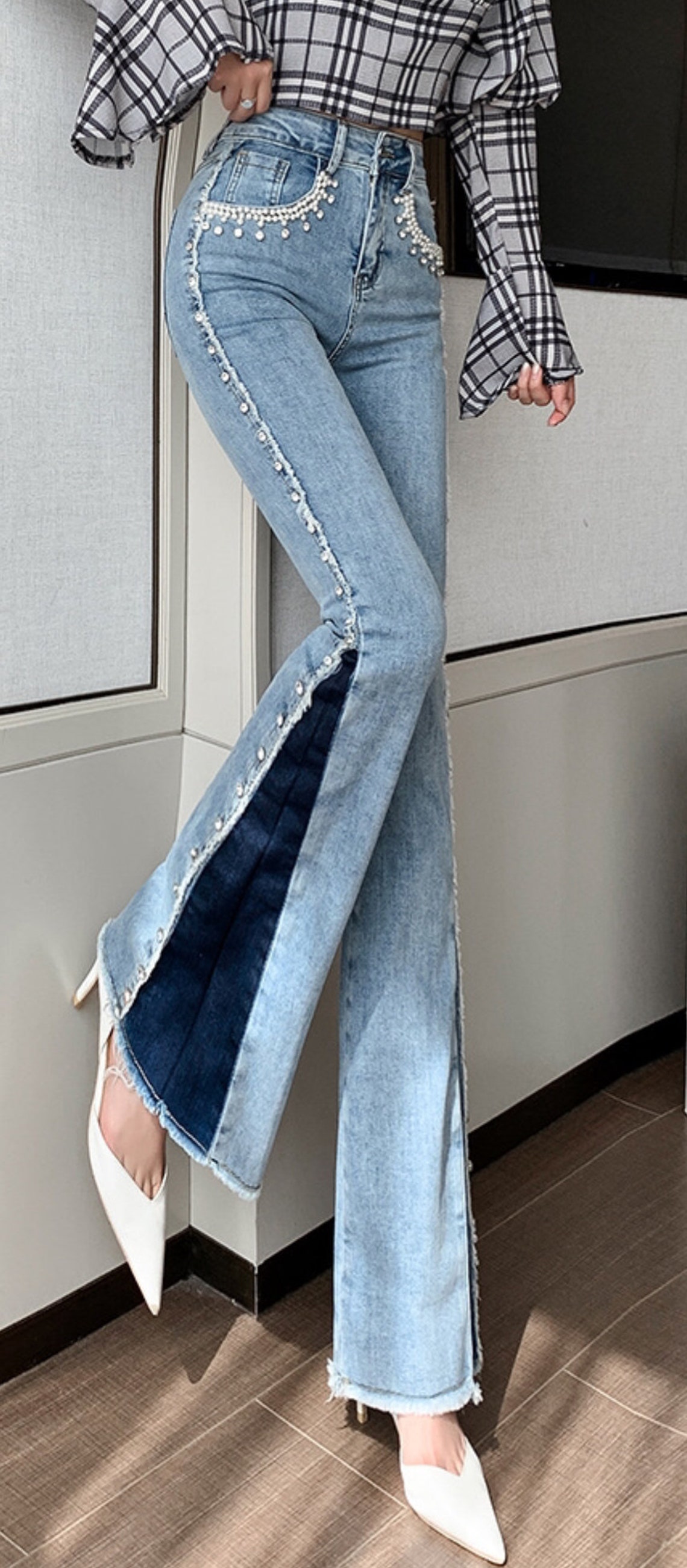 Flare Jeans High Waisted Stretch Side Panel Rhinestone - Etsy UK