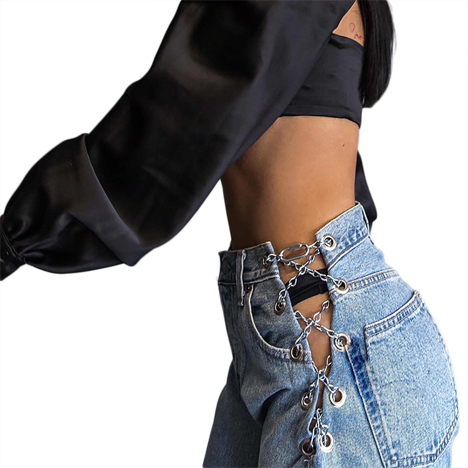 black jeans with chains on side