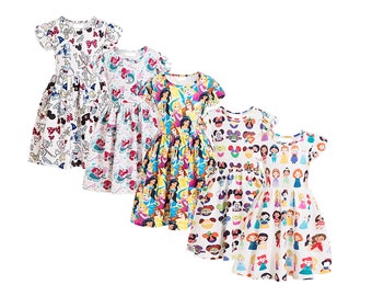 Girls Princess inspired Dresses, Party or Casual wear. Comfortable cotton t-shirt dresses, ideal for everyday wear.