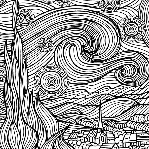 Starry Night, Vincent van Gogh, Impressionism, Famous Artist Coloring Page, Famous Painting, Famous Artist, Coloring Page, Printable Art