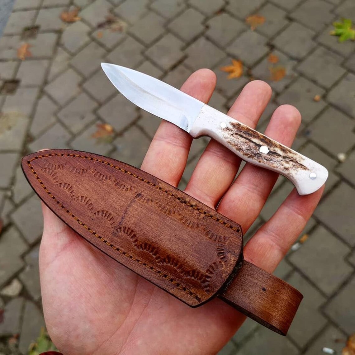 Custom Made Deer Antler Mini Camping Knife With Leather Sheath Etsy