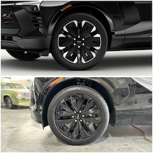 May include: Close-up of a black SUV with black wheels and tires. The wheels have a black and silver spoke design. The tires are labeled "ALENZA".