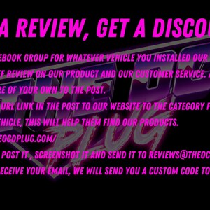 May include: A pink and purple graphic with the text "POST A REVIEW, GET A DISCOUNT!" and instructions on how to get a discount by posting a review on Facebook. The text includes the website address "HTTPS://THEOCDPLUG.COM/" and the email address "REVIEWS@THEOCDPLUG.COM".