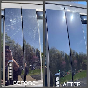 May include: Before and after images of a car door with window trim. The before image shows the trim with scratches and imperfections. The after image shows the trim after it has been cleaned and polished, with a smooth, shiny finish.