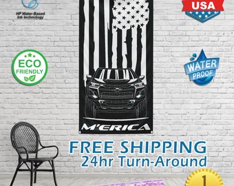 Merica Colorado Banner, Garage Art, Wall Art, Man Cave Banners, truck, Silhouette, Chevrolet, Chevy, black, white, profile, America flag