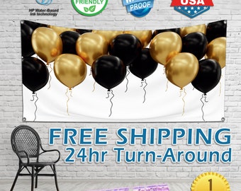 Balloon Backdrop Banner, event, celebration, party, wedding, background, picture, gold, black, bridal, baby shower, birthday, wall, theme