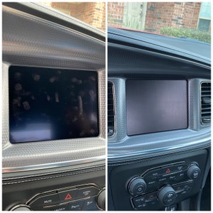 May include: A before and after image of a car's dashboard screen. The left image shows the screen covered in dust and fingerprints. The right image shows the screen clean and clear.