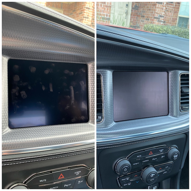 May include: A before and after image of a car's dashboard screen. The left image shows the screen covered in dust and fingerprints. The right image shows the screen clean and clear.