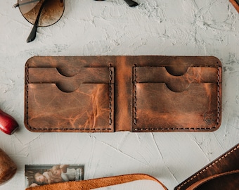 Cartera de canela de cuero para hombre personalizada / Cartera plegable delgada grabada para hombres / Regalo para marido novio / Propuesta de padrino / Regalos