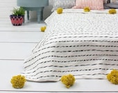 POMPOM BLANKET Throw for Sofa or Bed - Hand Woven Cotton - Reversible, Hand Wash, Black and white stripes with Mustard pompoms