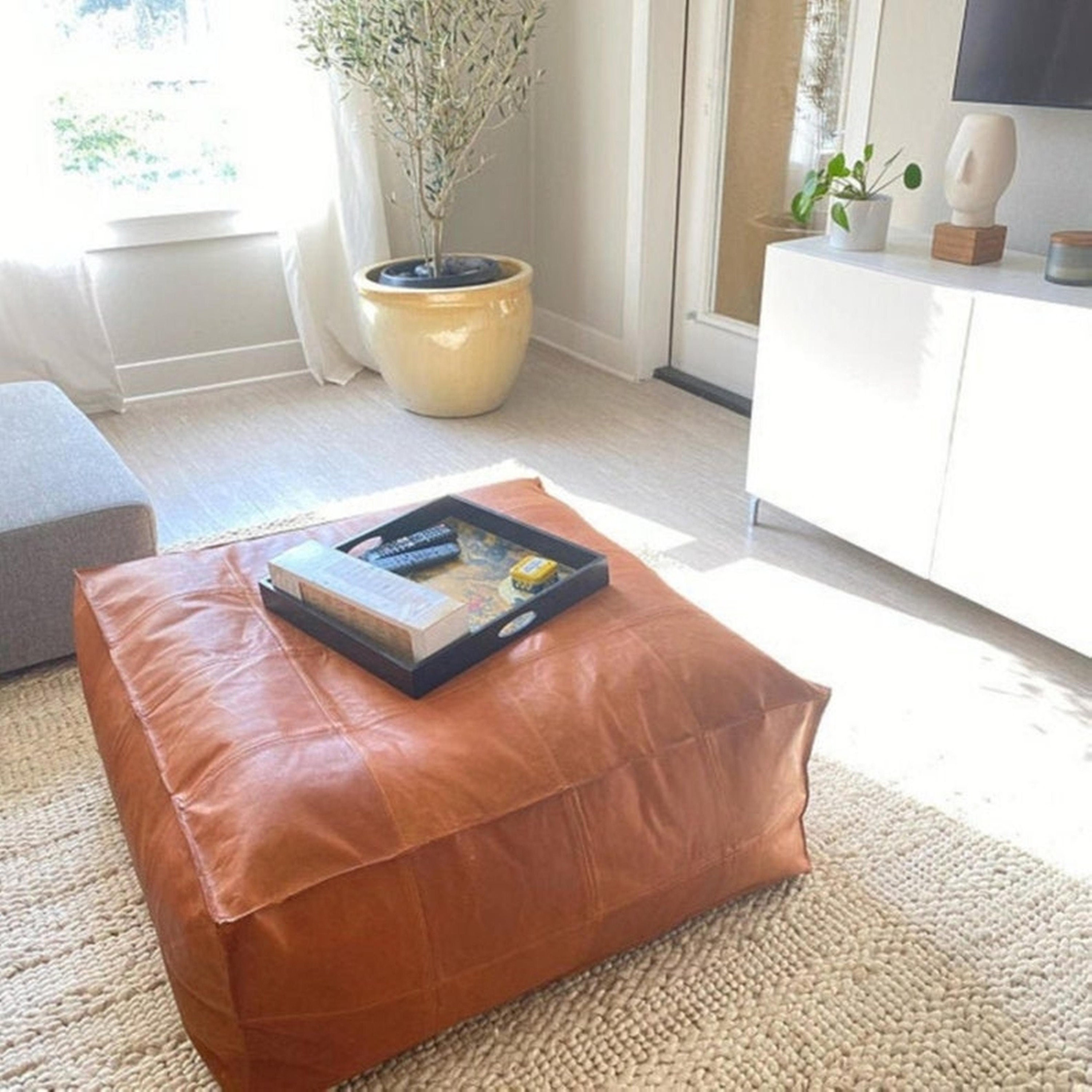 Moroccan Handcrafted Contemporary Unstuffed Leather Pouffe Floor Cushions / 