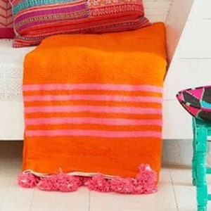 MORROCAN BLANKET , Sofa cover , Moroccan blanket , Pom Pom blanket , Orange cozy blanket , Super soft Blanket For bed , Woven Blanket