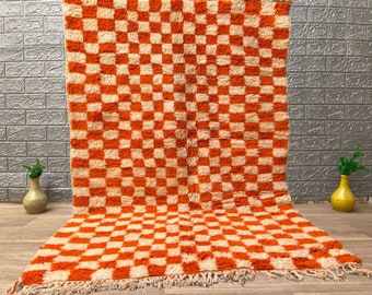 Tapis orange contemporain, tapis marocain à carreaux, tapis personnalisé, grand tapis bohème, tapis shaggy de salon, tapis capitonné berbère marocain