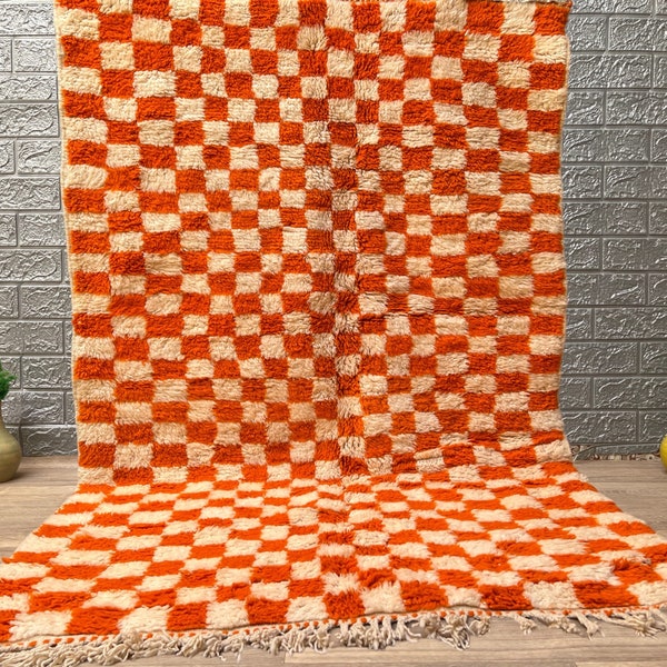 Tapis orange contemporain, tapis marocain à carreaux, tapis personnalisé, grand tapis bohème, tapis shaggy de salon, tapis capitonné berbère marocain