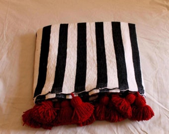 MORROCAN WOVEN BLANKET , Throw pom pom Blanket -Soft & Cozy - Handmade blanket,Hand Wash, Blanket white and Black stripes and red pom poms