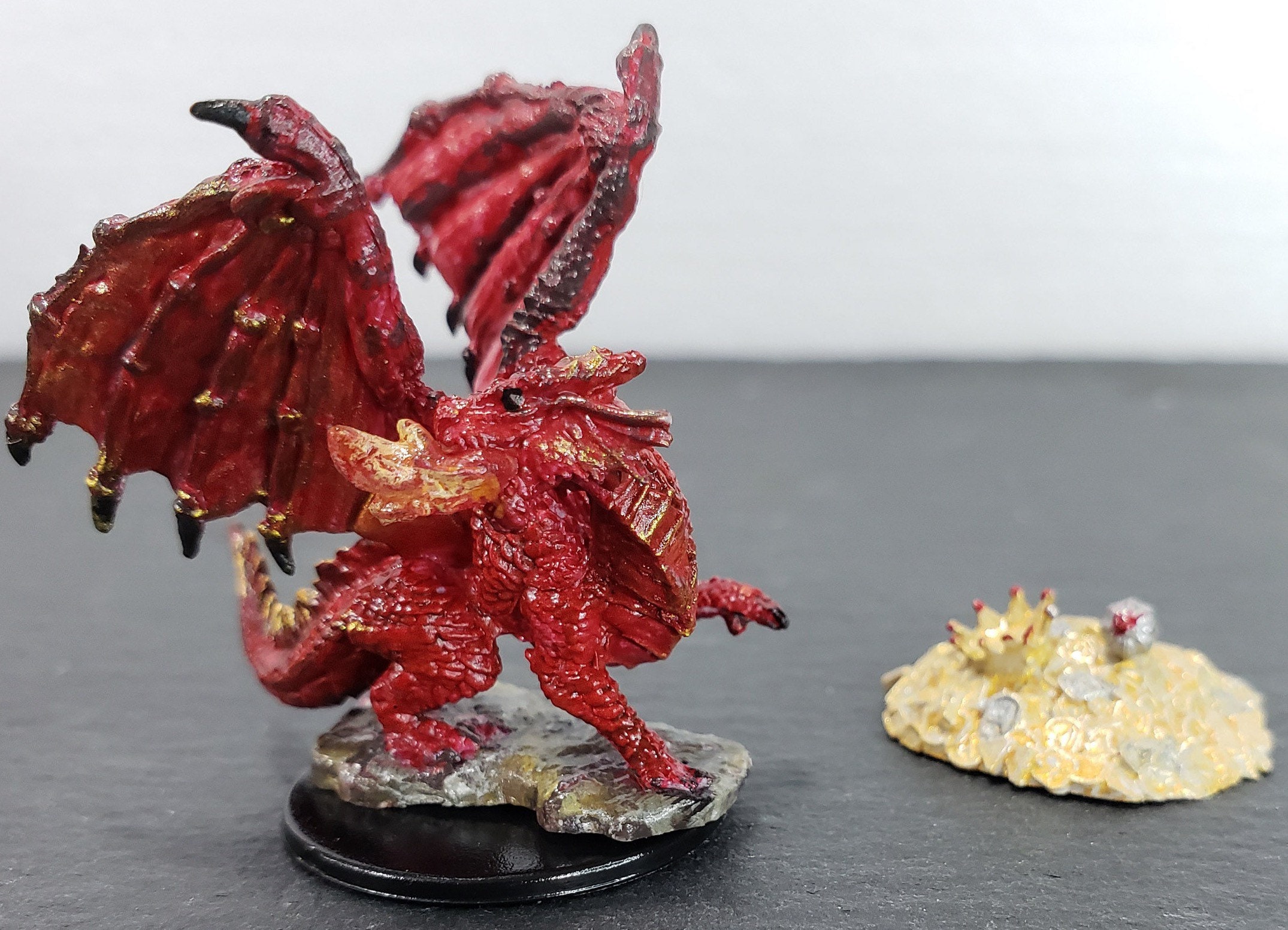 CustomPainted Red Dragon Wyrmling with Hoard Miniature TTRPG Mini