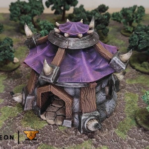 May include: A 3D printed miniature of a purple and grey Orcish tent with wooden beams and horns. The tent is painted with a dark purple fabric and has a grey stone base.