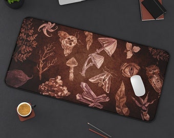 Dark Academia Desk Mat | Mystical Mushroom Owl Moth Crystal Desk Mat | Extra Large Aesthetic Mouse Pad | Extended Wide Gothic Desk Decor