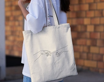 The Creation of Adam Tote Bag, Michelangelo Tote Bag, Renaissance Tote Bag, Reusable Bag, Minimalist Tote Bag, Hands of God, Aesthetic Gifts
