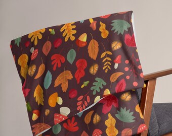 Manta de hongos de otoño / Manta de hojas de otoño / Manta de lanzamiento de Cottagecore / Manta de peluche de Goblincore / Manta Minky / Regalos de jardinero